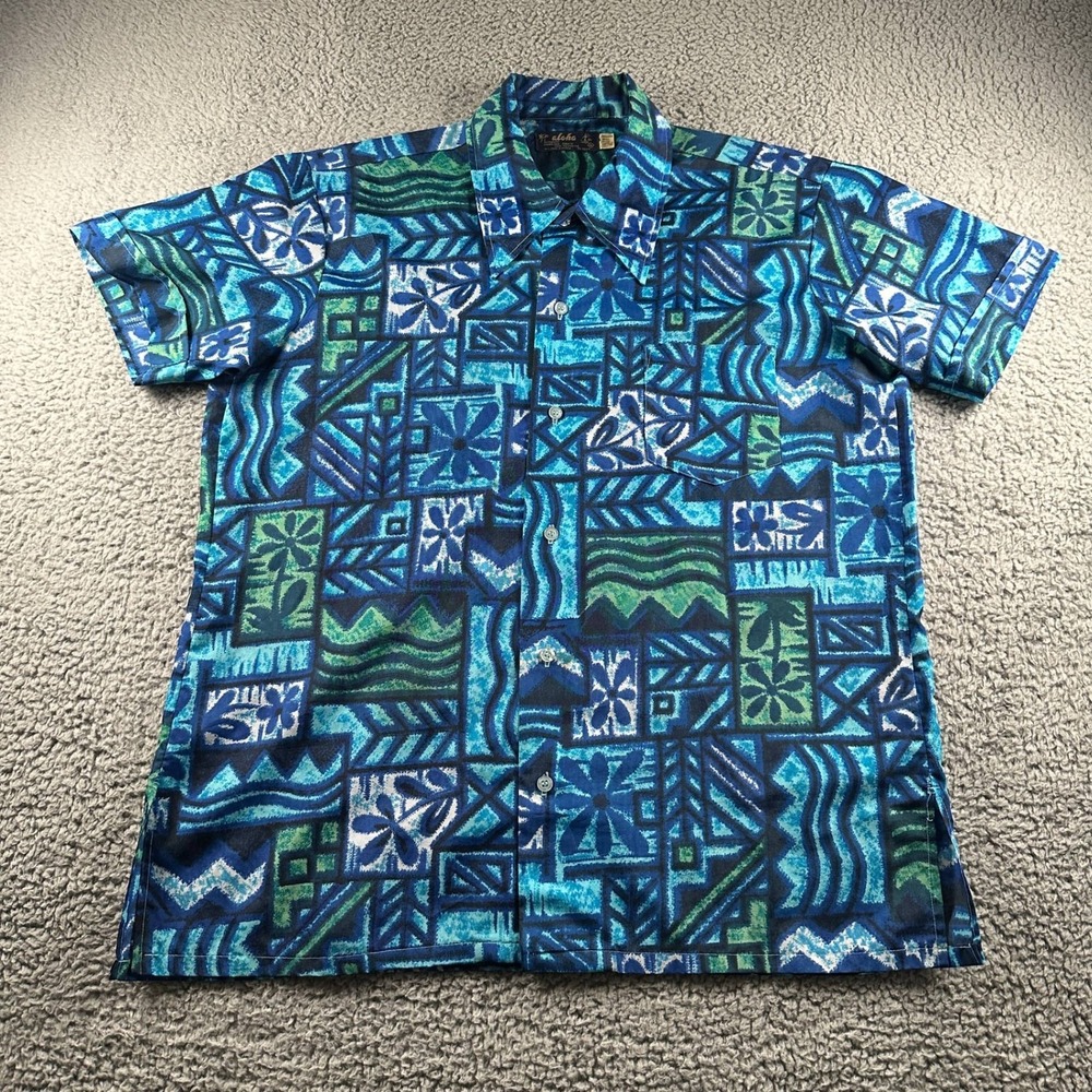 Vtg Aloha Hawaiian Shirt Mens XL Blue Geometric Tropical Print Polyester 80's